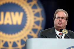 Gary Jones, president of the United Auto Workers union, addresses delegates to the union's bargaining convention in Detroit, Monday, March 11, 2019.