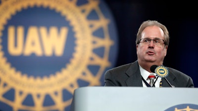 Gary Jones, president of the United Auto Workers union, addresses delegates to the union's bargaining convention in Detroit, Monday, March 11, 2019.