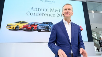 Herbert Diess, CEO of Volkswagen AG, addresses the media during the company's annual press conference in Wolfsburg, Germany, Tuesday, March 12, 2019.