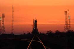The Soyuz rocket is seen at dawn on launch site 1 of the Baikonur Cosmodrome, Thursday, March 14, 2019, in Kazakhstan.