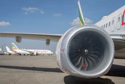 An Ethiopian Airlines Boeing 737 Max 8 as it sits grounded at Bole International Airport in Addis Ababa, Ethiopia, Saturday, March 23, 2019.