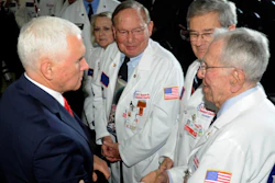 Vice President Mike Pence speaks with museum docents at the National Space Council meeting, held at the U.S. Space and Rocket Center Tuesday, March 26, 2019, in Huntsville, Ala.