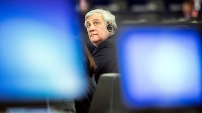 President Antonio Tajani sits at the European Parliament in Strasbourg, France, Wednesday, March 27, 2019.