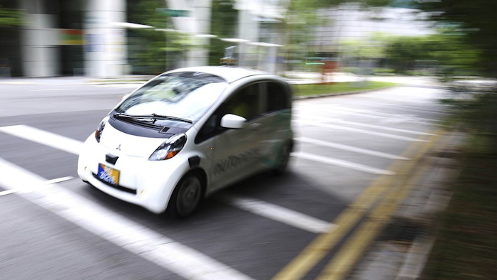 An autonomous vehicle is driven during its test drive in Singapore on Aug. 24, 2016.