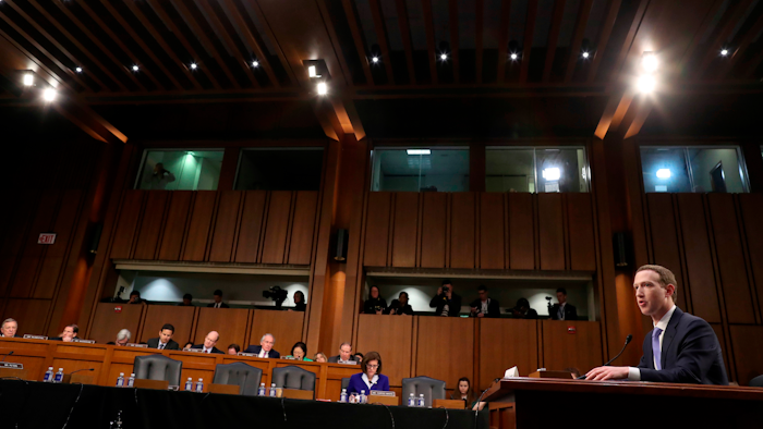 In this April 10, 2018, file photo, Facebook CEO Mark Zuckerberg testifies before a joint hearing of the Commerce and Judiciary Committees on Capitol Hill.