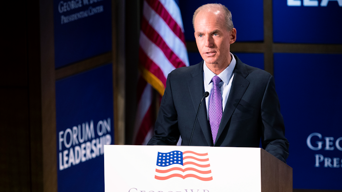 Dennis Muilenburg, chief executive officer of Boeing, speaks at the Forum on Leadership at the George, W. Bush Presidential Center on Thursday, April 11, 2019, in Dallas.