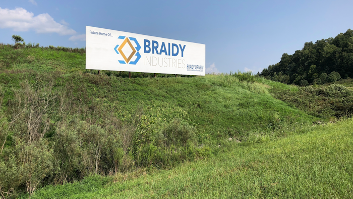 This Aug. 22, 2018, file photo shows a sign declaring the future home of Braidy Industries' aluminum mill in Ashland, Ky.