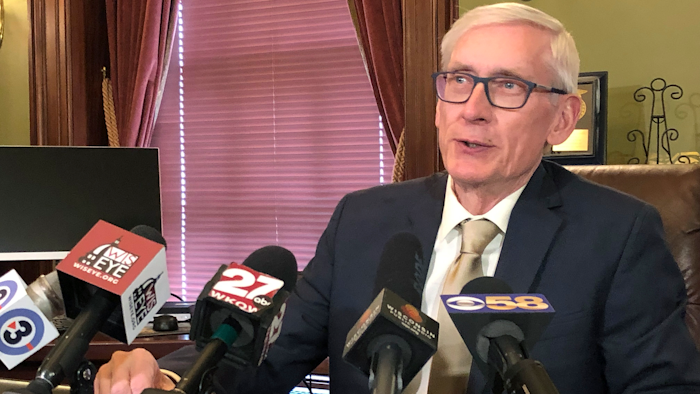 Gov. Tony Evers during a news conference Wednesday, April 17, 2019, in Madison, Wis.