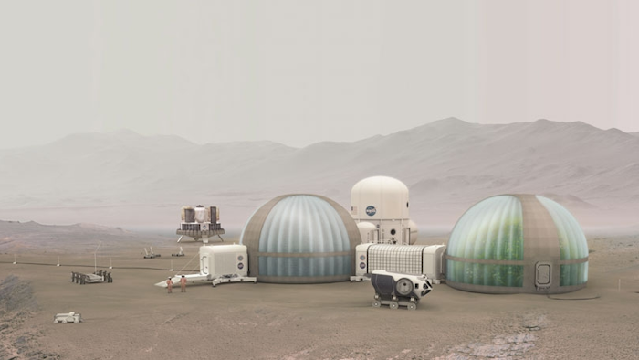 Artist’s rendering of an early Martian outpost showing a Mars Ice Home and potential complementing greenhouse.