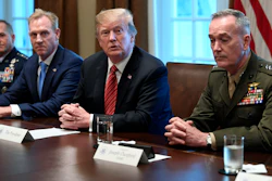 President Donald Trump, acting Defense Secretary Patrick Shanahan and Chairman of the Joint Chiefs of Staff Gen. Joseph Dunford during a meeting in the Cabinet Room of the White House, Wednesday, April 3, 2019.
