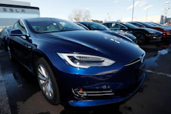 In this Sunday, Feb. 3, 2019, file photo, an unsold 2019 S75D sits at a Tesla dealership in Littleton, Colo.