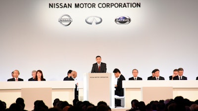 Nissan Chief Executive Hiroto Saikawa speaks at the company's shareholders' meeting in Tokyo, Monday, April 8, 2019.