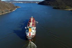 In this April 26, 2018, file photo, the Orient Dispatch, a bulk carrier ship, makes its way south on the Hudson River near Peekskill, N.Y.
