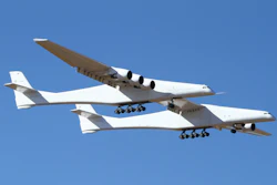Stratolaunch, a giant six-engine aircraft with the world’s longest wingspan, makes its historic first flight from the Mojave Air and Space Port in Mojave, Calif., Saturday, April 13, 2019.