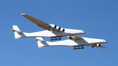 Stratolaunch, a giant six-engine aircraft with the world’s longest wingspan, makes its historic first flight from the Mojave Air and Space Port in Mojave, Calif., Saturday, April 13, 2019.