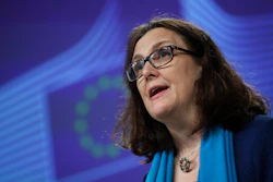 European Trade Commissioner Cecilia Malmstrom talks to journalists during a news conference at the European Commission headquarters in Brussels, Monday, April 15, 2019.