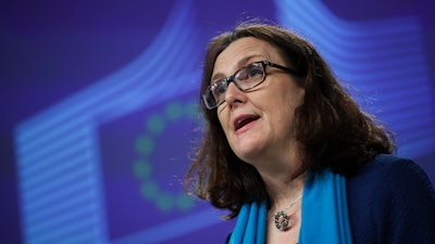 European Trade Commissioner Cecilia Malmstrom talks to journalists during a news conference at the European Commission headquarters in Brussels, Monday, April 15, 2019.
