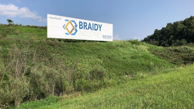 This Aug. 22, 2018, file photo shows a sign declaring the future home of Braidy Industries' aluminum mill in Ashland, Ky.