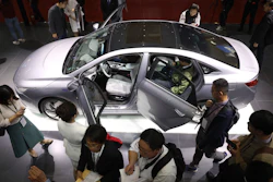 Geely Auto displays a sedan from its new electric brand Geometry during the Auto Shanghai 2019 show, Tuesday, April 16, 2019.