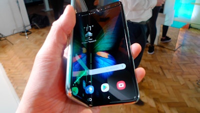 The Samsung Galaxy Fold smartphone is seen during a media preview event in London, Tuesday April 16, 2019.