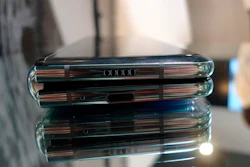 In this April 16, 2019, file photo, the Samsung Galaxy Fold phone is seen in its folded position during a media preview event in London.