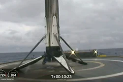 This Thursday, April 11, 2019, image from video shows a Falcon rocket booster shortly after landing on a barge in the Atlantic Ocean off Florida.