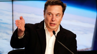 In this March 2, 2019, file photo, Elon Musk speaks during a news conference after the SpaceX Falcon 9 Demo-1 launch at the Kennedy Space Center in Cape Canaveral, Fla.