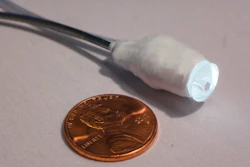 This undated photo shows the tip of a robotic catheter equipped with a small camera and lighting encased in silicone,.