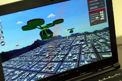 A computer screen shows 'Drone Commander' during the 'EAE Launch' event at the University of Utah, Wednesday, April 24, 2019.