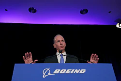 Boeing Chief Executive Dennis Muilenburg speaks during a news conference after the company's annual shareholders meeting at the Field Museum in Chicago, Monday, April 29, 2019.