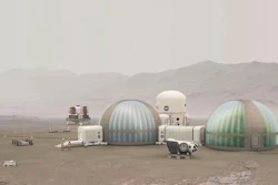 Artist’s rendering of an early Martian outpost showing a Mars Ice Home and potential complementing greenhouse.