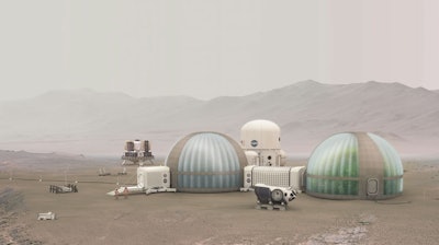 Artist’s rendering of an early Martian outpost showing a Mars Ice Home and potential complementing greenhouse.