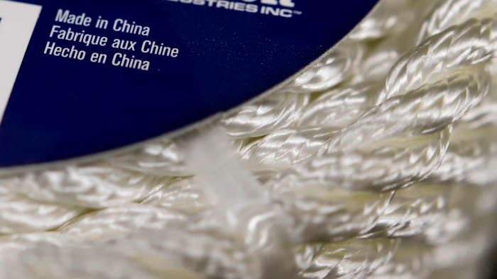 In this May 9, 2019, photo, synthetic rope, with labeling indicating it was made in China, is displayed in a store in Cranberry Township, Pa.