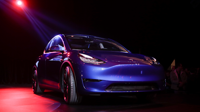 In this March 14, 2019, file photo, the Tesla Model Y is unveiled at Tesla's design studio in Hawthorne, Calif.