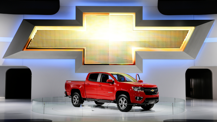 In this Nov. 21, 2013, file photo, the new 2015 Chevrolet Colorado pickup truck is on display at the Los Angeles Auto Show.