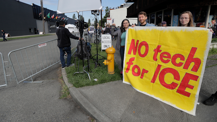 Demonstrators outside Amazon.com's annual shareholders meeting, Wednesday, May 22, 2019, in Seattle.