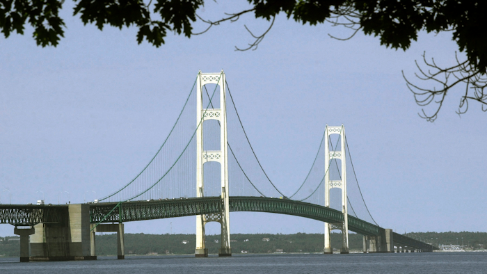 This July 19, 2002, file photo, shows the Mackinac Bridge that spans the Straits of Mackinac from Mackinaw City, Mich.