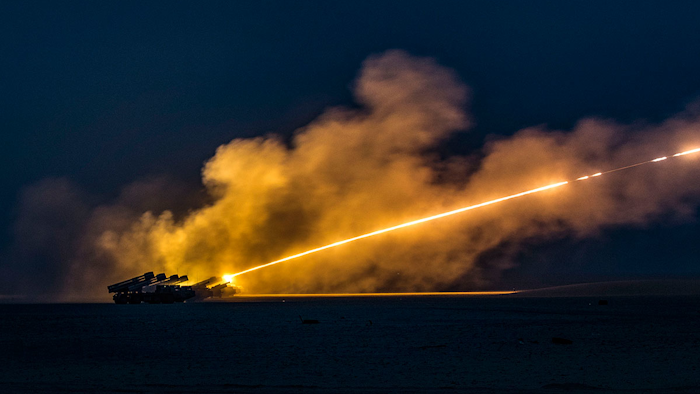 Soldiers assigned to the 65th Field Artillery Brigade and soldiers from the Kuwait Land Forces fire their High Mobility Artillery Rocket Systems and BM-30 Smerch rocket systems during a joint live-fire exercise, Jan. 8, 2019, near Camp Buehring, Kuwait.