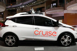In this Jan. 16, 2019, file photo, Cruise AV, General Motor's autonomous electric Bolt EV is displayed in Detroit.
