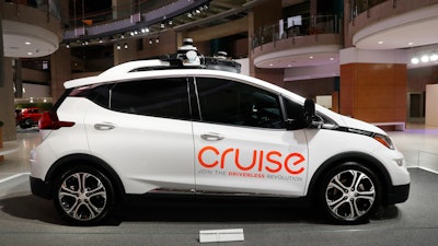 In this Jan. 16, 2019, file photo, Cruise AV, General Motor's autonomous electric Bolt EV is displayed in Detroit.
