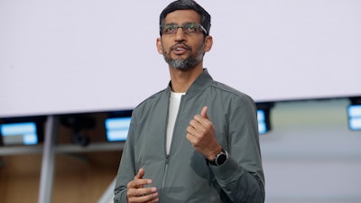 Google CEO Sundar Pichai speaks during the keynote address of the Google I/O conference in Mountain View, Calif., Tuesday, May 7, 2019.