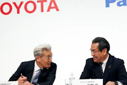 Toyota Motor Corp. operating officer Masayoshi Shirayanagi and Panasonic senior managing executive officer Makoto Kitano talk during a press conference in Tokyo, Thursday, May 9, 2019.