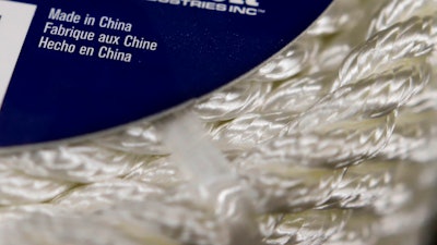 In this May 9, 2019, photo, synthetic rope, with labeling indicating it was made in China, is displayed in a store in Cranberry Township, Pa.