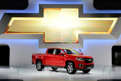 In this Nov. 21, 2013, file photo, the new 2015 Chevrolet Colorado pickup truck is on display at the Los Angeles Auto Show.