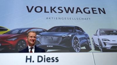 Herbert Diess, CEO of the Volkswagen stock company, arrives for the company's annual general meeting in Berlin, Tuesday, May 14, 2019.