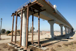 This Dec. 6, 2017, file photo shows one of the elevated sections of the high-speed rail under construction in Fresno, Calif.