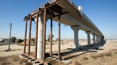 This Dec. 6, 2017, file photo shows one of the elevated sections of the high-speed rail under construction in Fresno, Calif.