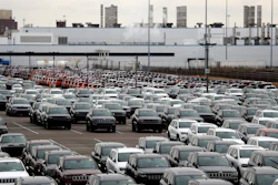 In this Feb. 26, 2019, file photo, Jeep vehicles are parked outside the Jefferson North Assembly Plant in Detroit.