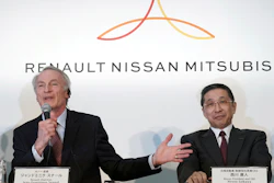 In this March 12, 2019, file photo, Renault Chairman Jean-Dominique Senard, left, speaks alongside Nissan CEO Hiroto Saikawa at a press conference in Yokohama.
