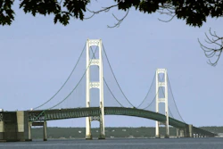 This July 19, 2002, file photo, shows the Mackinac Bridge that spans the Straits of Mackinac from Mackinaw City, Mich.